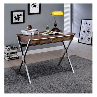 Rectangular Writing Desk With 2 Drawers, Weathered Oak And Chrome