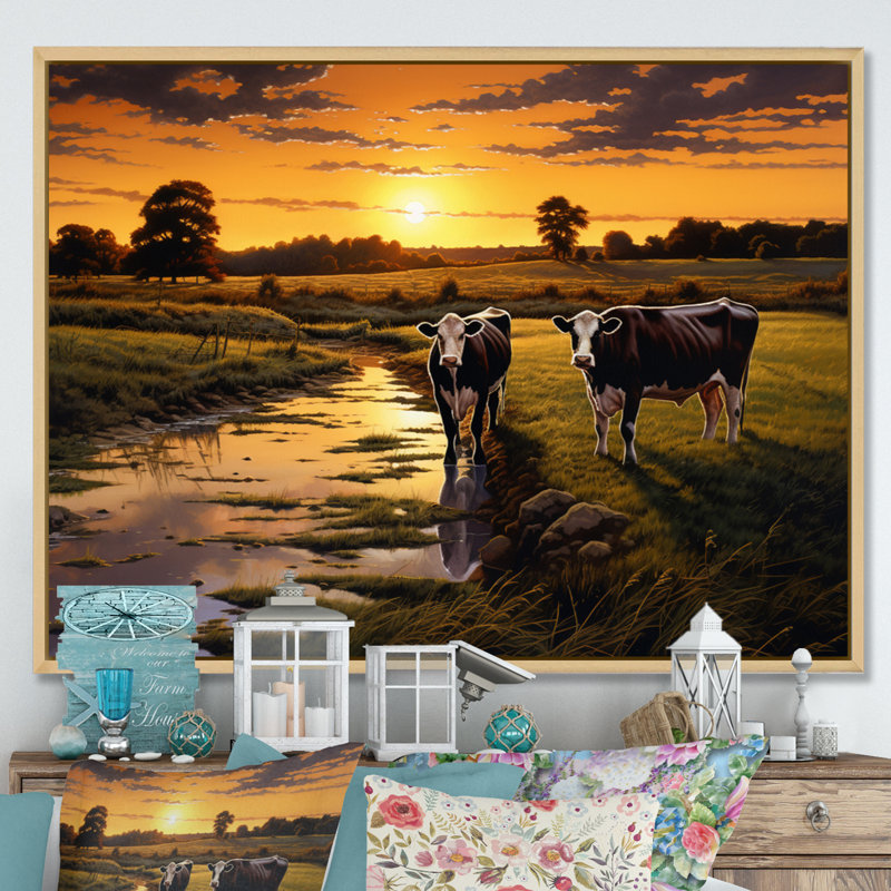 Cows At Farm Landscape IV, reproduction d'art sur toile, 34" H x 44" W, Cadre flottant brun