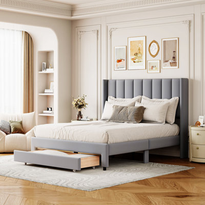 Full Size Storage Bed Velvet Upholstered Platform Bed With A Big Drawer - Gray -  Everly Quinn, C021ACA5DE1246798E2E5F34C43B93DC