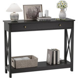 Black Console Table With Drawer And Storage Shelves, Foyer Sofa Table Narrow For Entryway, Living Room, Hallway