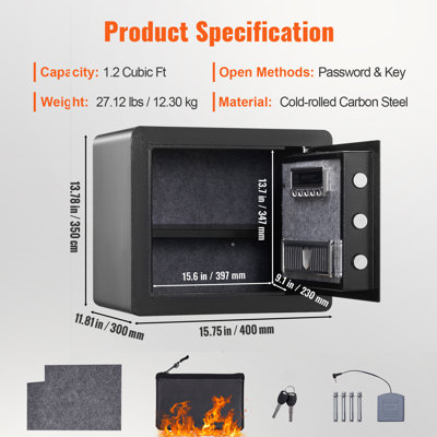 Safe, 1.2 Cubic Feet Home Safe, Steel Security Safe with Digital Keypad and 2 Keys, 15.8x11.8x13.8 inche, Cabinet Safe with Fire-proof Bag, Protect Cash, Gold, Jewelry, Documents for Home, Hotel