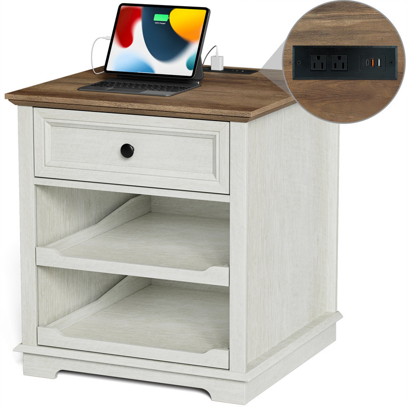 1 Drawer Sets Nightstands with Storage Tray and Built-in Charging Station, White