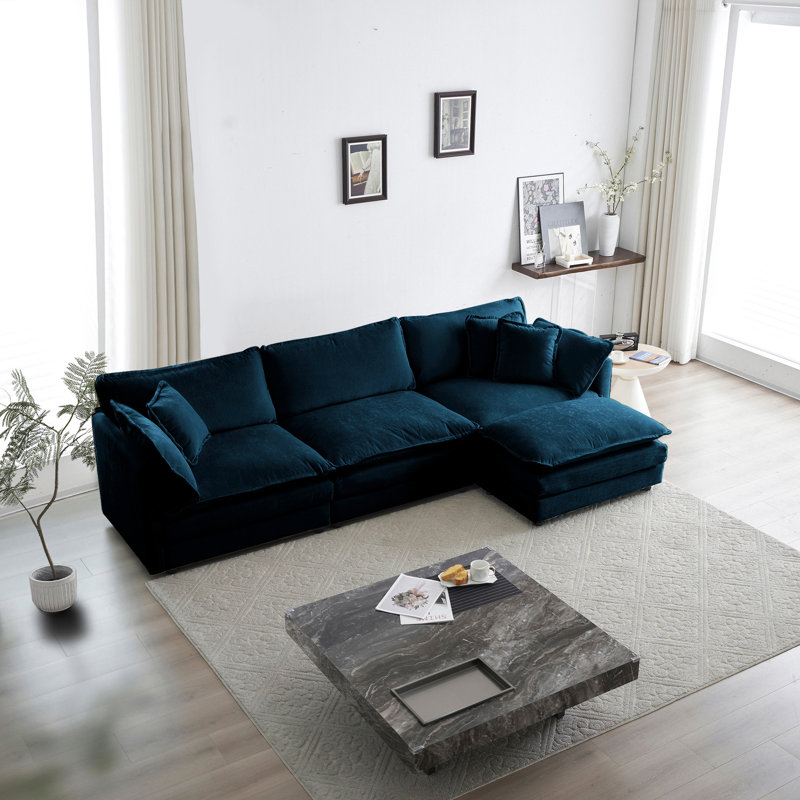 Canapé modulaire en chenille haute bleu avec revêtement confortable réversible et confortable