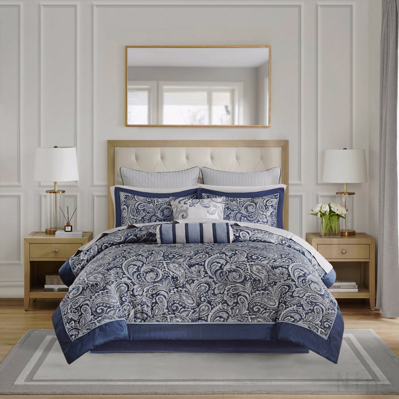 Ensemble d'édredon 12 pièces avec draps en coton bleu marine, Édredon très grand + 11 pièces supplémentaires