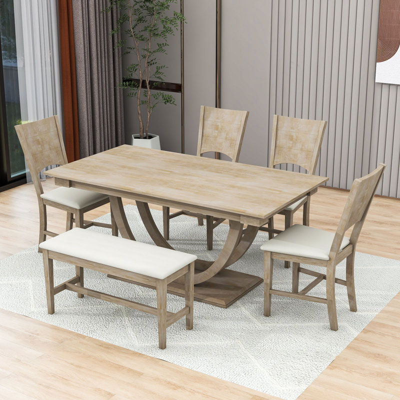 Ensemble de salle à manger à piédestal 6 pièces, ensemble de table de cuisine avec banc et 4 chaises de salle à manger Burg