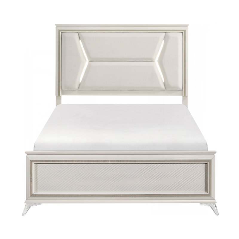 Grande tête de lit tapissier de luxe moderne 1Pc avec éclairage à DEL Mobilier de chambre à coucher en bois Finition blanc antique et or