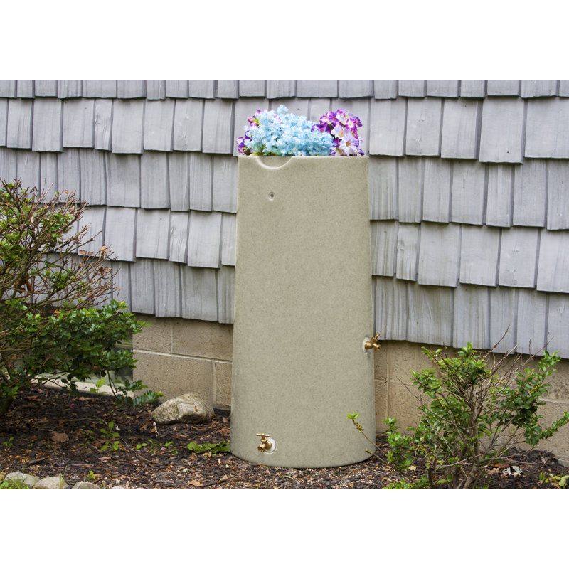 Sandstone 50 Gallon Reflective Planter Rain Barrel with Brass Spigots