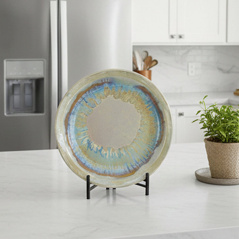 Plat décoratif avec support Duke, céramique beige bleue 18 pouces