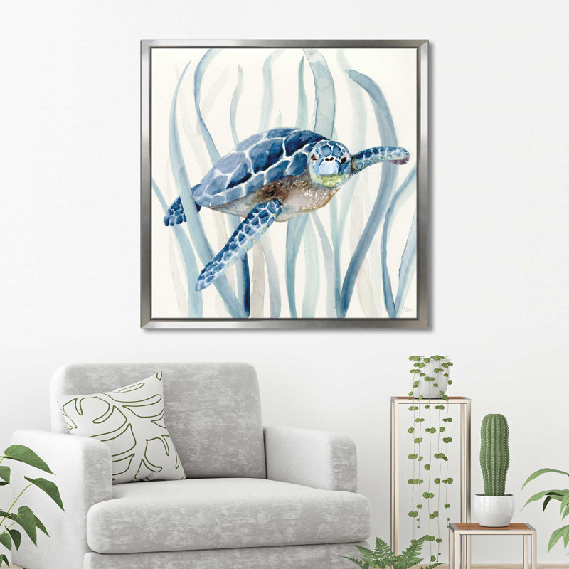 " Turtle In Seagrass I " by Nan Painting Print, 39.5" H x 39.5" W x 2" D, Silver Floater Frame