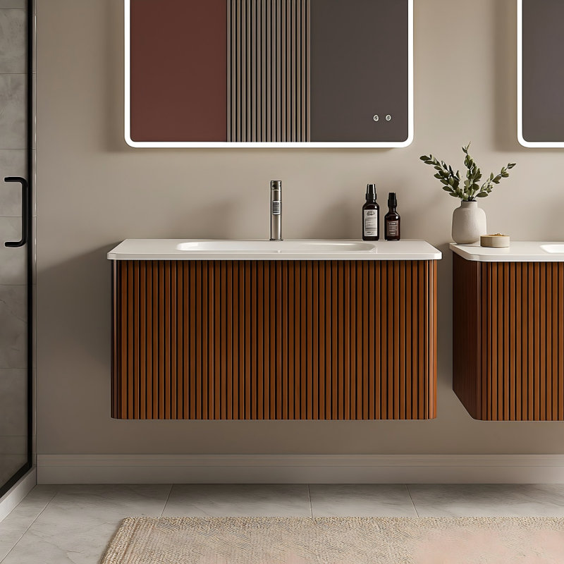 30" Wall Mounted Striped Natural Oak Single Bathroom Vanity With Ceramic Top, Brown, 30"