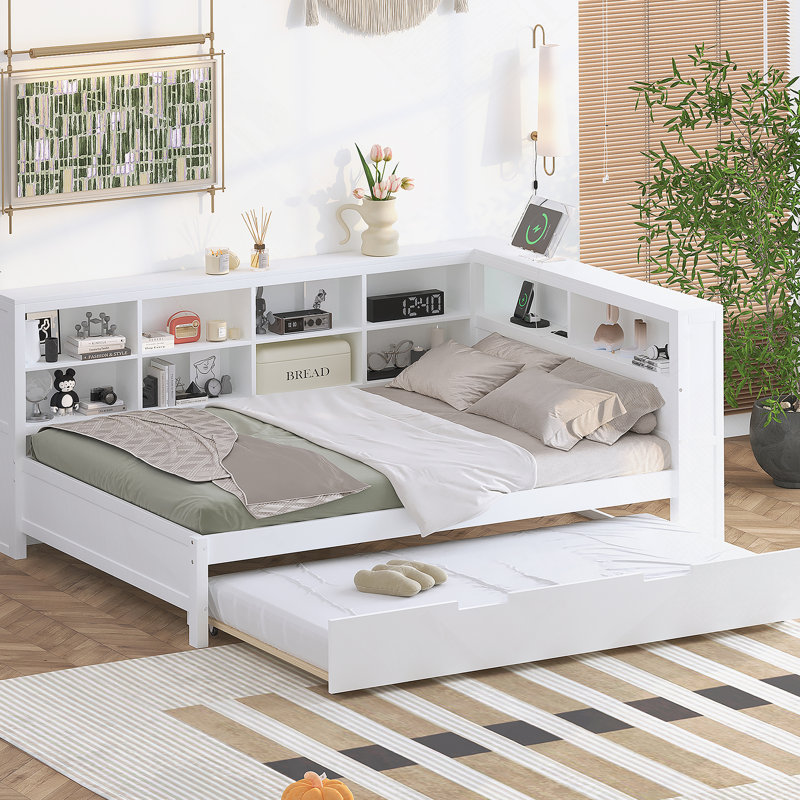 Lit de jour double en bois avec lit gigogne simple, lit de jour avec tablette de rangement et ports de chargement USB, blanc