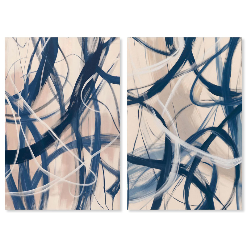 «Blue Lines», ensemble de 2 ensembles abstraits sur toile par Art Remedy, H 36 po x l 24 po, Toile tendue