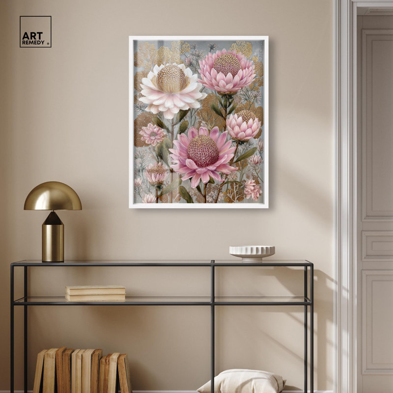 Décoration murale Golden Proteas I Shadowbox Print par Art Remedy, cadre blanc, 24 x 30, H 31 po x l 25 po, Cadre blanc