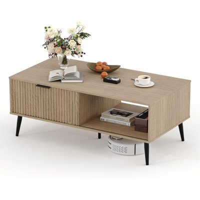 Coffee Table with Storage, 2 Tier Wooden Coffee Table with Sliding Door, Solid Wood Legs