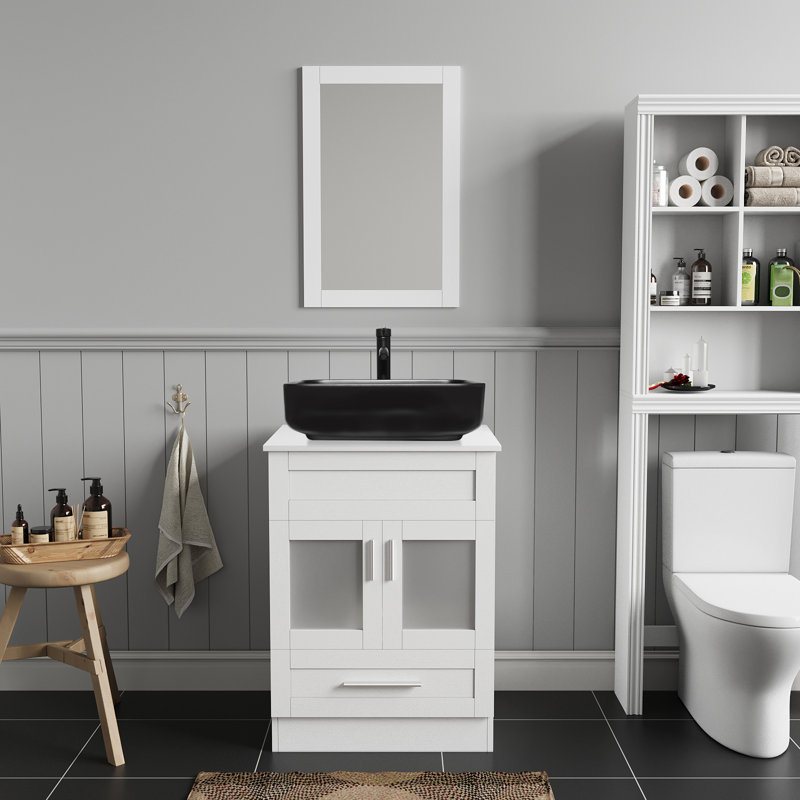 Andrais 24'' Single Bathroom Vanity with Manufactured Wood Top, White, Black