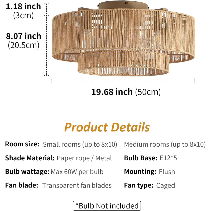 20 Inch Boho Caged Ceiling Fans with Lights Flush Mount, Layered Rattan Ceiling Fan with Light Remote Control with Reversible 6 Speeds for Bedroom, Nursery, Living Room, E12 Base, Indoor