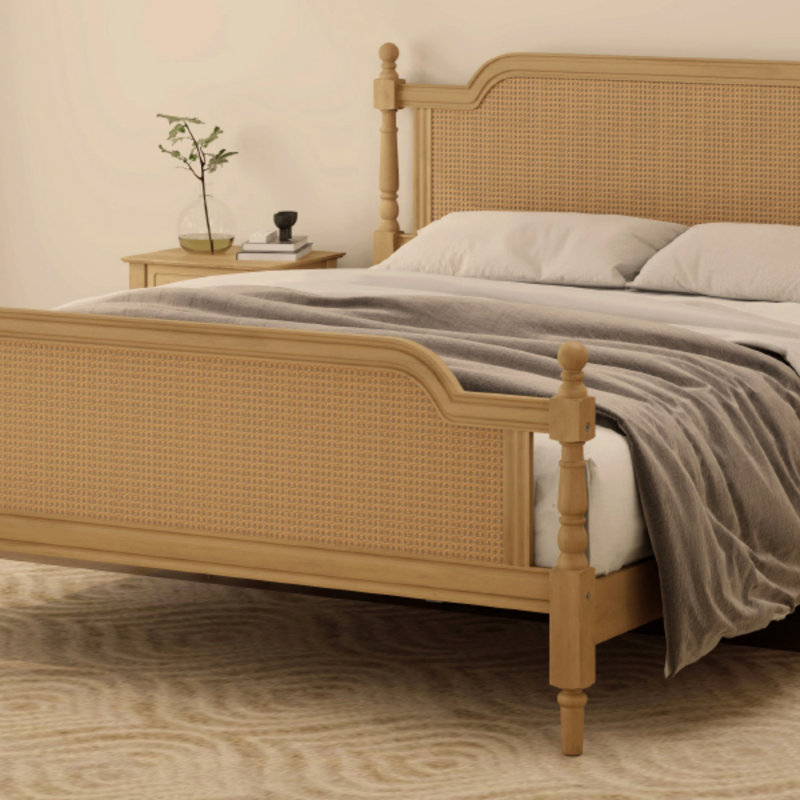 Traditional Style Rattan King Size Bed Frame,No Box Spring Needed,Antique Walnut, Walnut, Queen