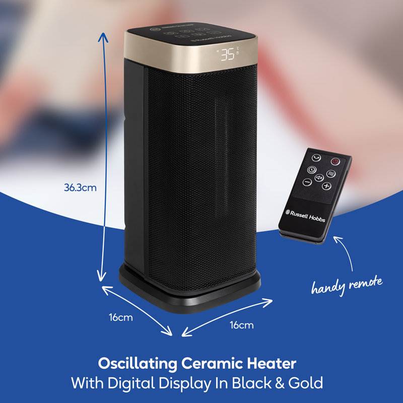 Russell Hobbs Rhcth2002g 2kw Oscillating Ceramic Heater W/digital Display In Black And Gold, Square Design, Black/Gold