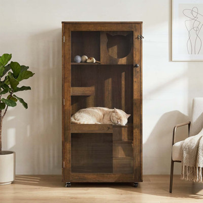 Armoire pour chat d'intérieur en bois d'hévéa avec roulettes, tablettes ventilées à plusieurs niveaux et porte verrouillable, enclos sécuritaire et spacieux pour la maison, finition chêne brun