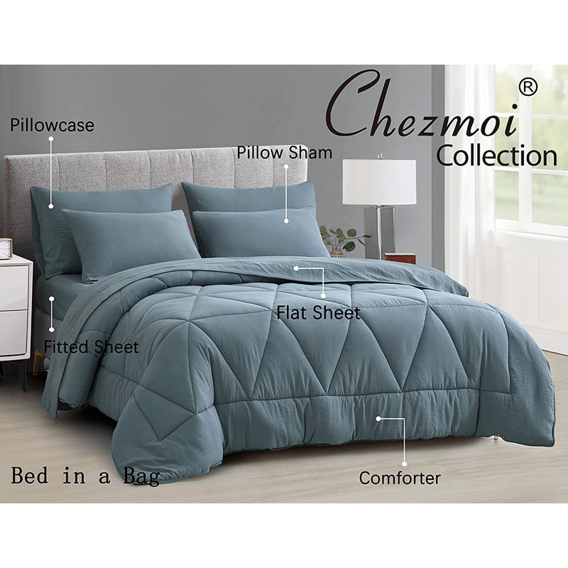 Microfiber Bed in a Bag Comforter Set, Queen Comforter + 6 Additional Pieces, Dusty Blue
