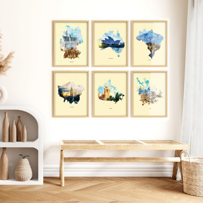 Art mural encadré, ensemble de décors, World Landmark Watercolor Famous Repères, illustrations modernes et décoratives pour salon, chambre à coucher, bureau