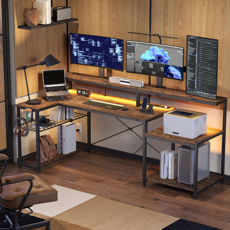 181Cm Rectangular Computer Desk with Power Outlets, L Shaped LED Office Desk with Long Monitor Stand, Brown