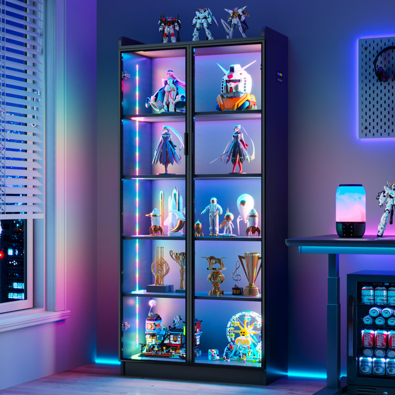65" H Display Cabinet with Glass Doors and RGB Light, Black