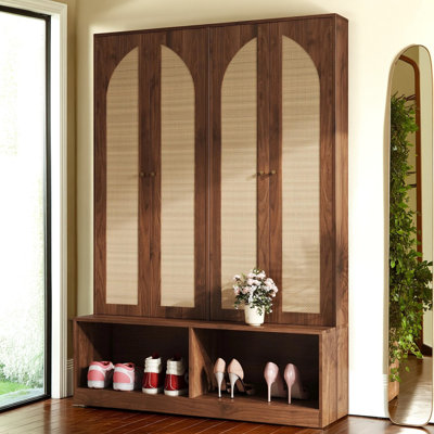 Farmhouse Hall Tree with Rattan Doors, Versatile 4-in-1 Seating Bench with 6 Hooks – Mid-Century Entryway Shoe Cabinet with Shelf, Black, 55.1” W, Bohemian Farmhouse Organizer with Adjustable Shelves, Anti-Tipping