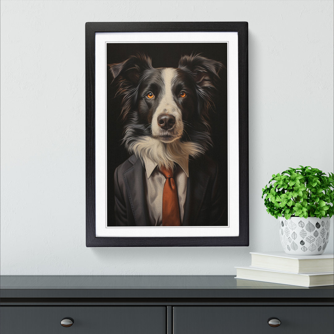Border Collie in a Suit Painting - Framed Print