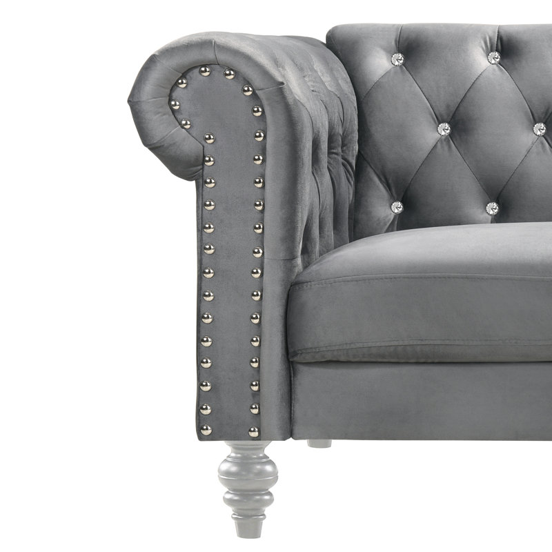 Causeuse Chesterfield 62,4 po Shondra, Velours gris velours