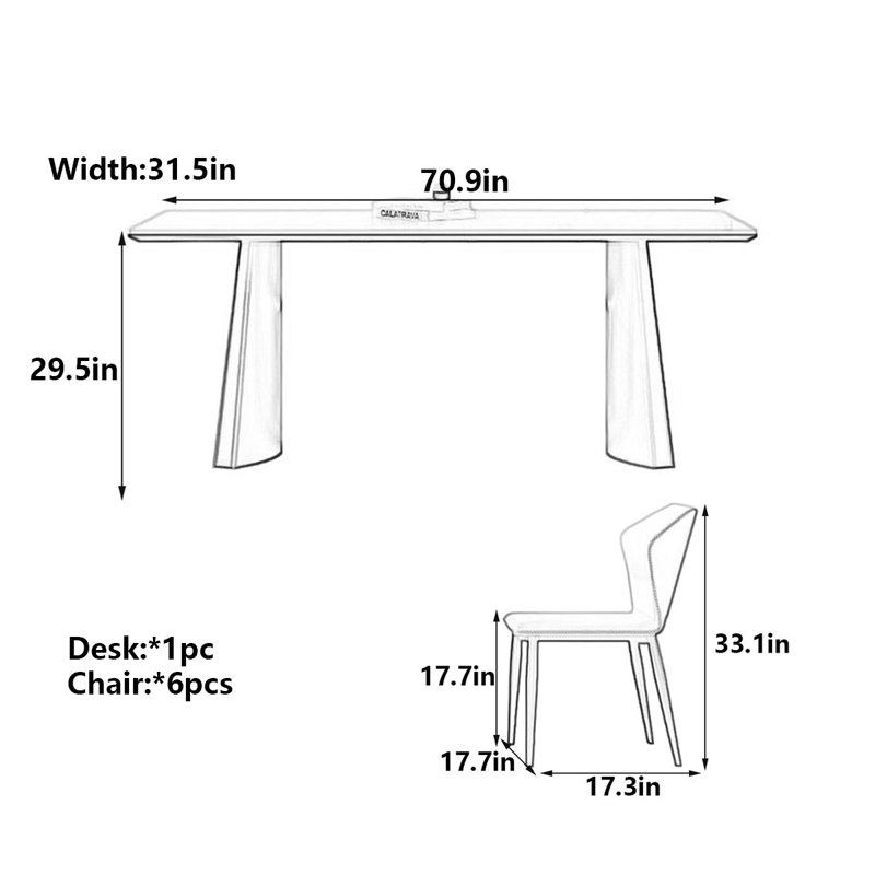 Table de salle à manger Luxury, 7 pièces : table, 6 chaises, H 29,5 po x L 70,9 po x l 31,5 po
