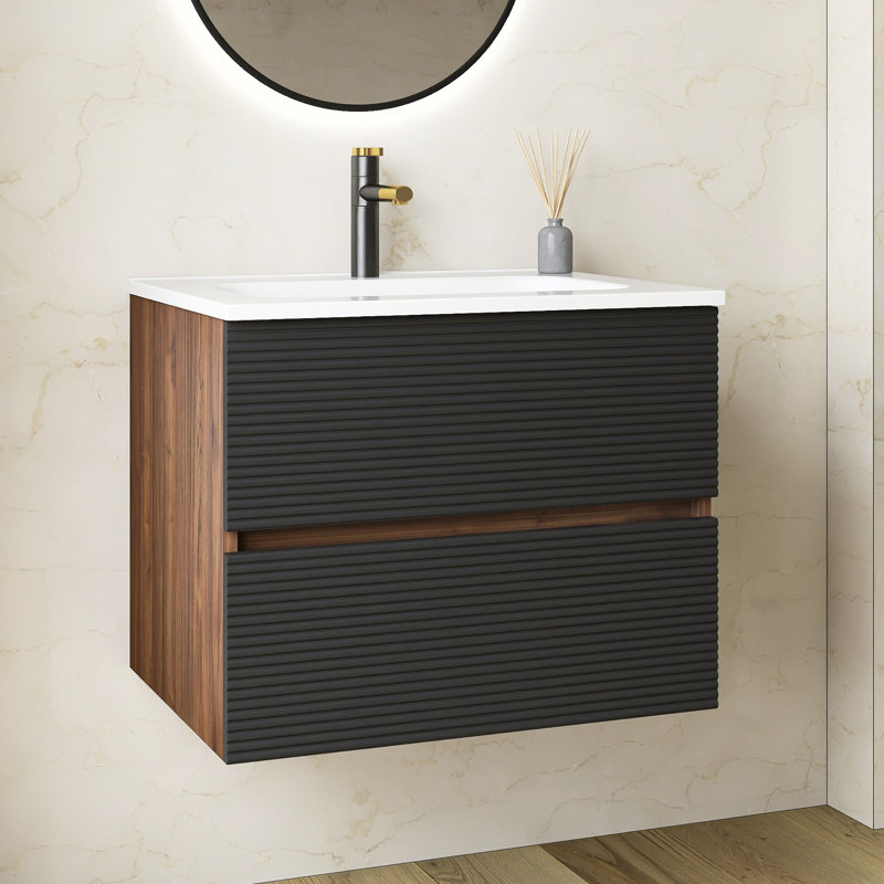 Meuble-lavabo flottant 24 po noir et noyer, lavabo intégré en céramique avec trop-plein et 3 trous de robinet, rangement spacieux pour les salles de bain modernes