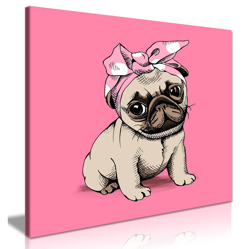 Puppy Pug In A Headband On Pink Background - Wrapped Canvas Print, 31cm H x 31cm W