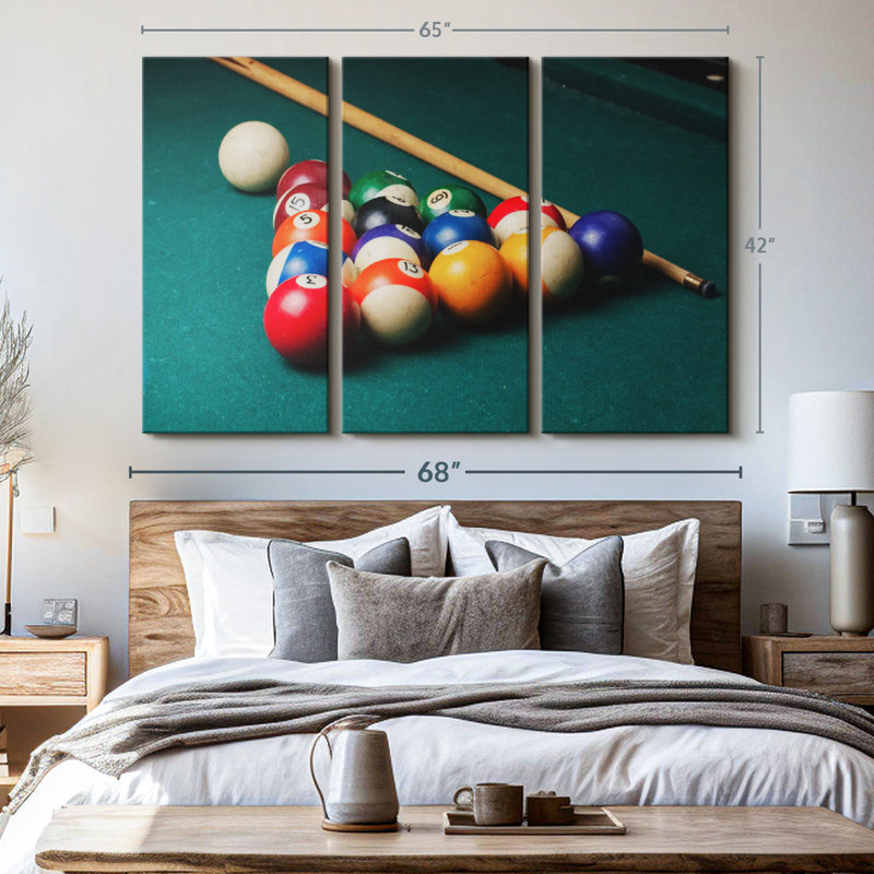 «Billiard Game Installation», 3 pièces sur toile, H 42 po x l 65 po x P 1,25 po