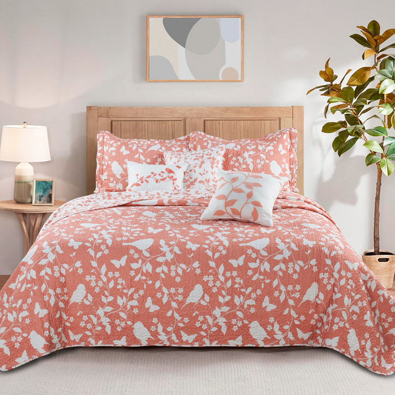 Polyester Floral Coverlet with Pillow Shams Included, Oversize King Coverlet+2 King Sham+3 Throw Pillow, Coral