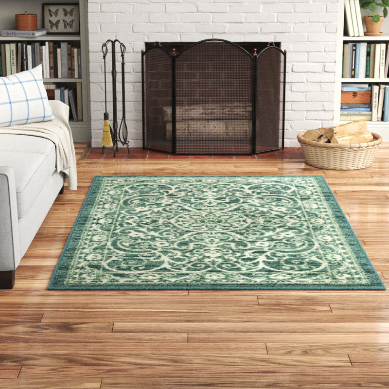 Tapis spa / turquoise / ivoire Dreyfuss, Rectangulaire 7 pi x 10 pi, Vert