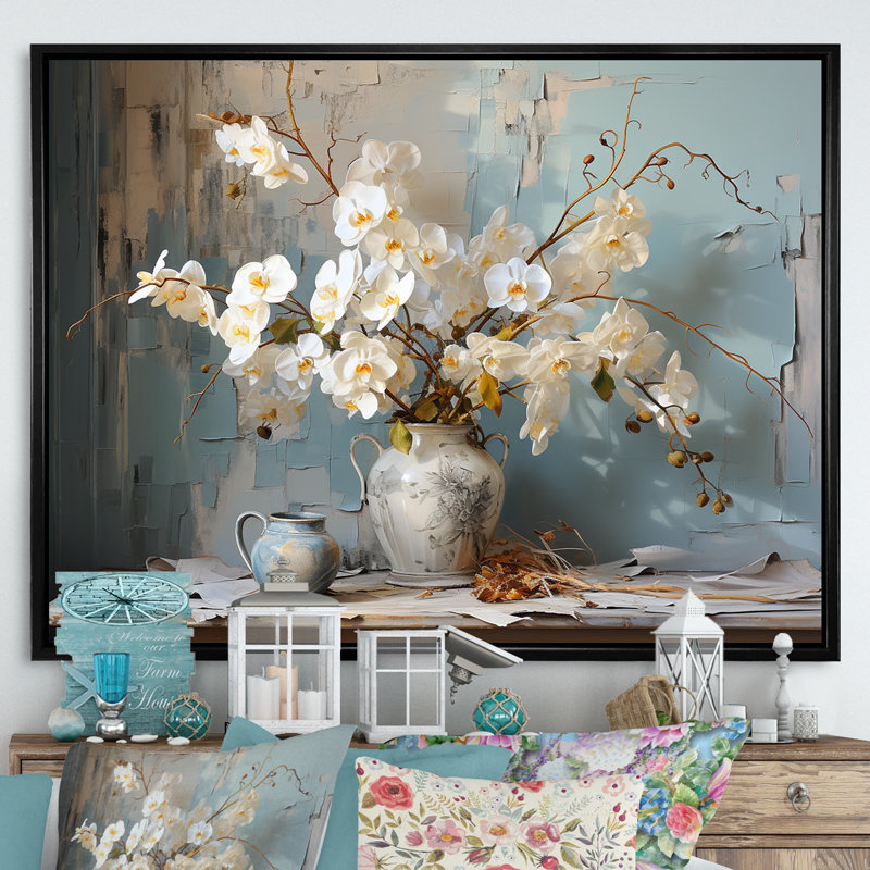 «White Orchids Farmhouse Still Life» sur toile, Cadre flottant noir, H 16 po x l 32 po x P 1 po