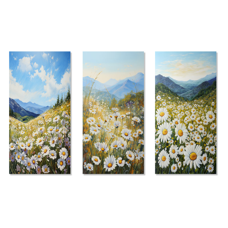 Mountain Daisies On Hill - Fleurs, ensemble de 4 impressions sur toile, Toile tendue, H 28 po x l 36 po