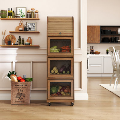 Movable Onion And Potato Storage Bins, Potato Bins With Wheels And Door, Fruit And Vegetable Basket Storage, Food Kitchen Pantry Cabinet by Ophelia & Co.