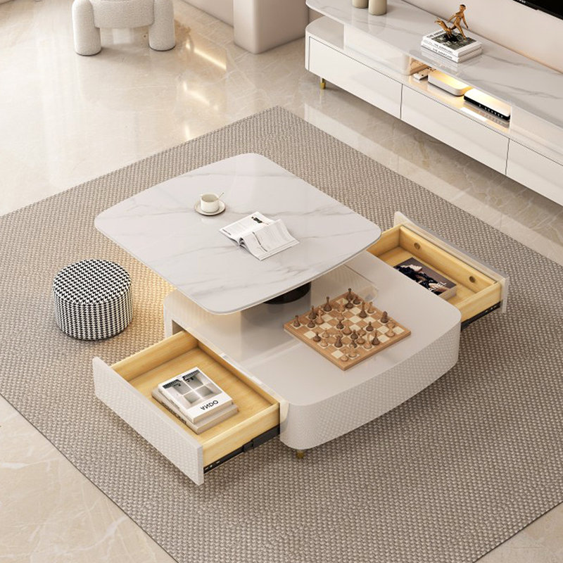 Table basse rotative blanc crème avec tiroirs