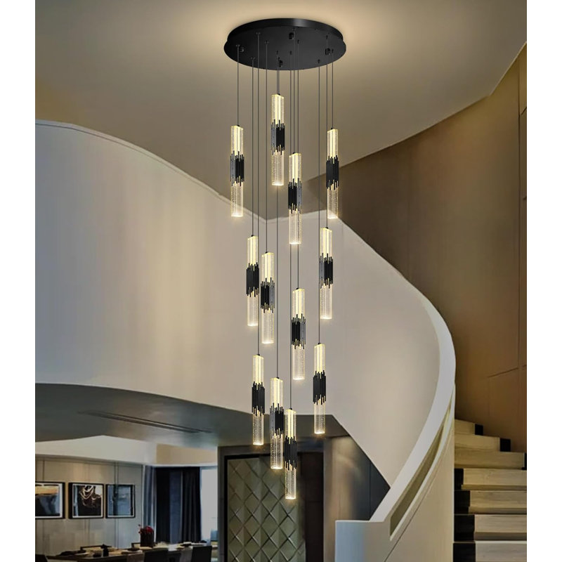 Lustre moderne 12 lumières DEL en acrylique cristal, Noir mat
