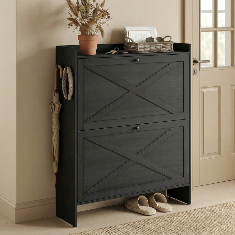 16 Pairs Shoe Cabinet Organizer With 2 Flip Drawers, Black, 40.4'' H x 33'' W x 9.5'' D