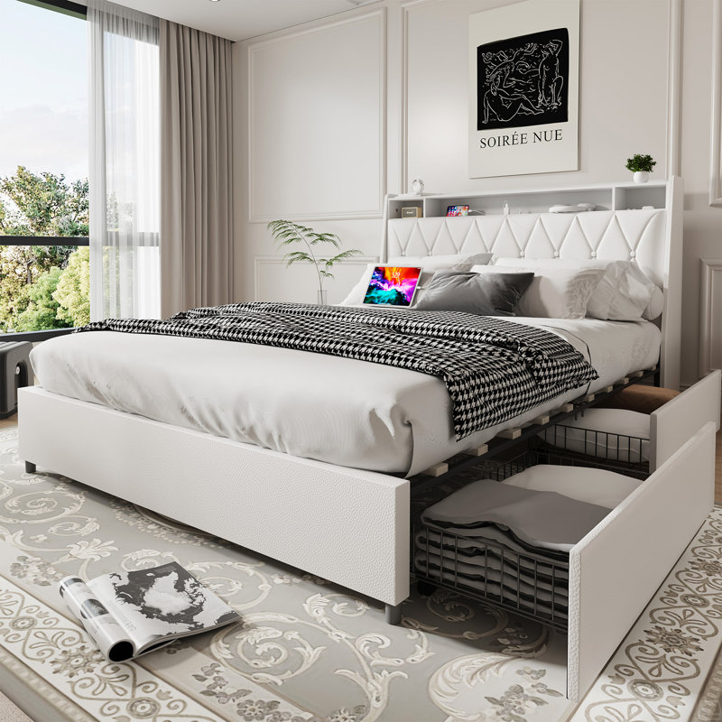 Queen Bed Frame With Ergonomic Headboard, Platform Bed Frame Queen Size With Outlets & Charger, Metal Bed Frame Queen Size With Storage Shelf, Noise-Free, No Box Spring Needed