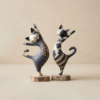 Set of 2 Dancing Cat Figurines, Eclectic Blue & White Resin Sculptures on Wood Base for Shelf & Desk