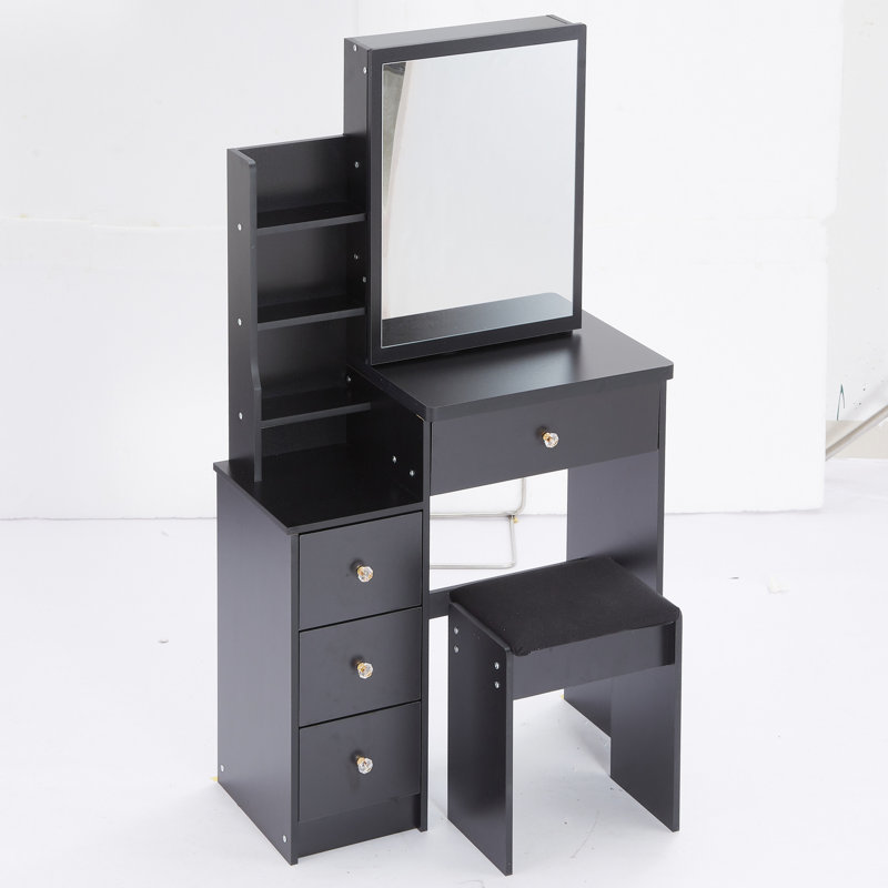 American Design Small Space Vanity Table With Cushioned Stool, Large Sliding Mirror, Multi-layer Storage, Black Dresser Size Left Bedside Cabinet Extra High Capacity Storage For Space,