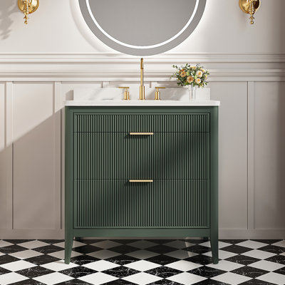 36'' Freestanding Single Sink Bathroom Vanity With 2 Handle Sets, Fluted Drawer Fronts, Engineered Marble Top & Solid Wood Construction – Fully Assembled