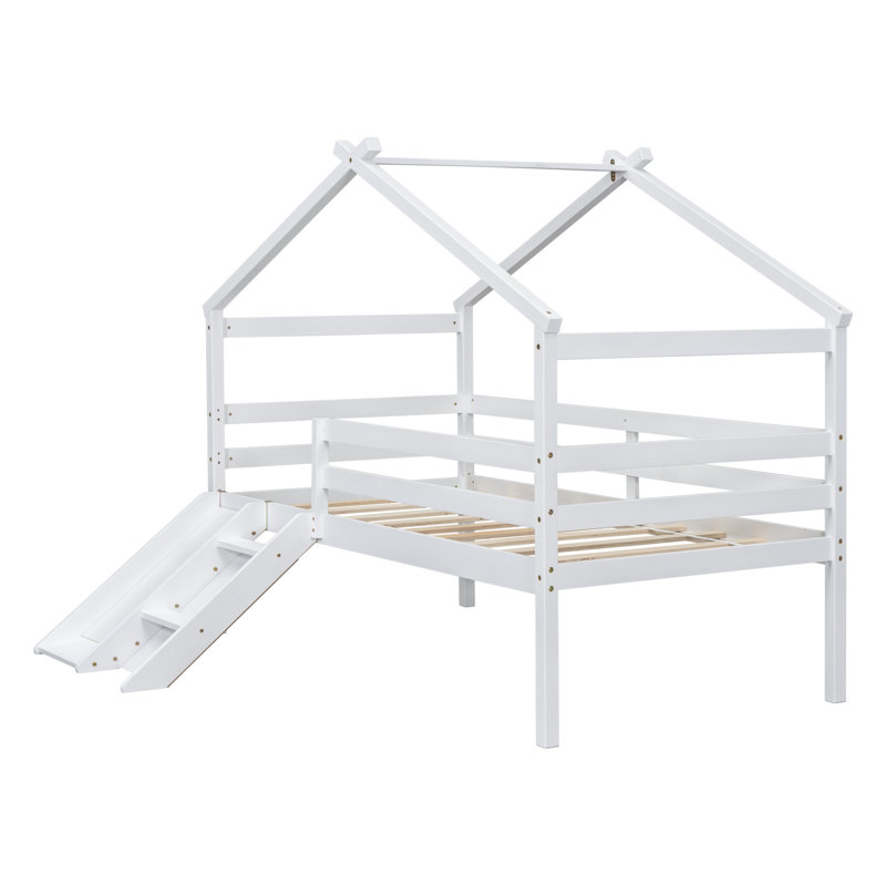 Lit simple mezzanine bas avec glissade et barrières de sécurité, Blanc