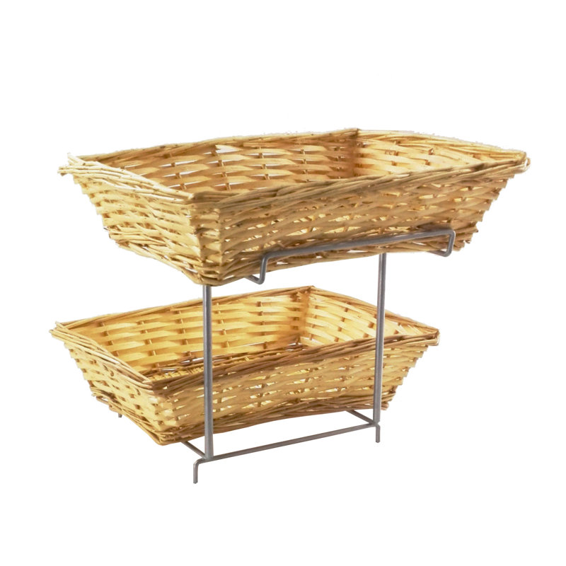 7.8 X 19 X 13" Two-tier Display Rack for Counters with 2 Wicker Baskets, Retail Displays