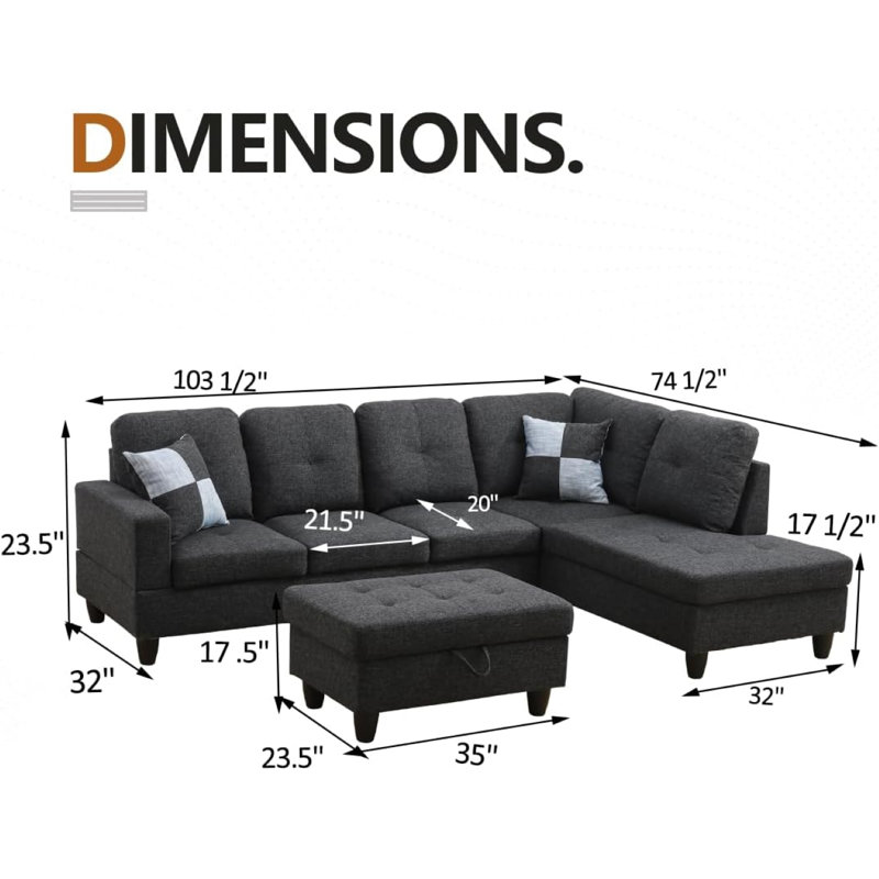 103" Wide L-Shaped Modular Living Room Sectional Sofa With Storage Ottoman, Right Hand Facing, Black Gray Linen