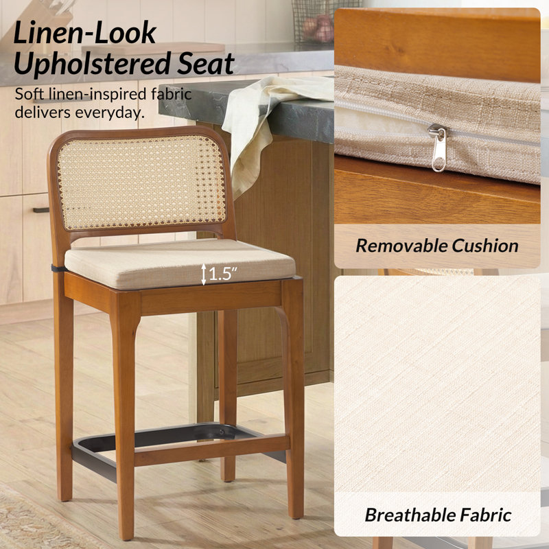 Calheme Coastal Rattan Counter Stool with Removable Soft Cushion Set Of 4, Acorn 